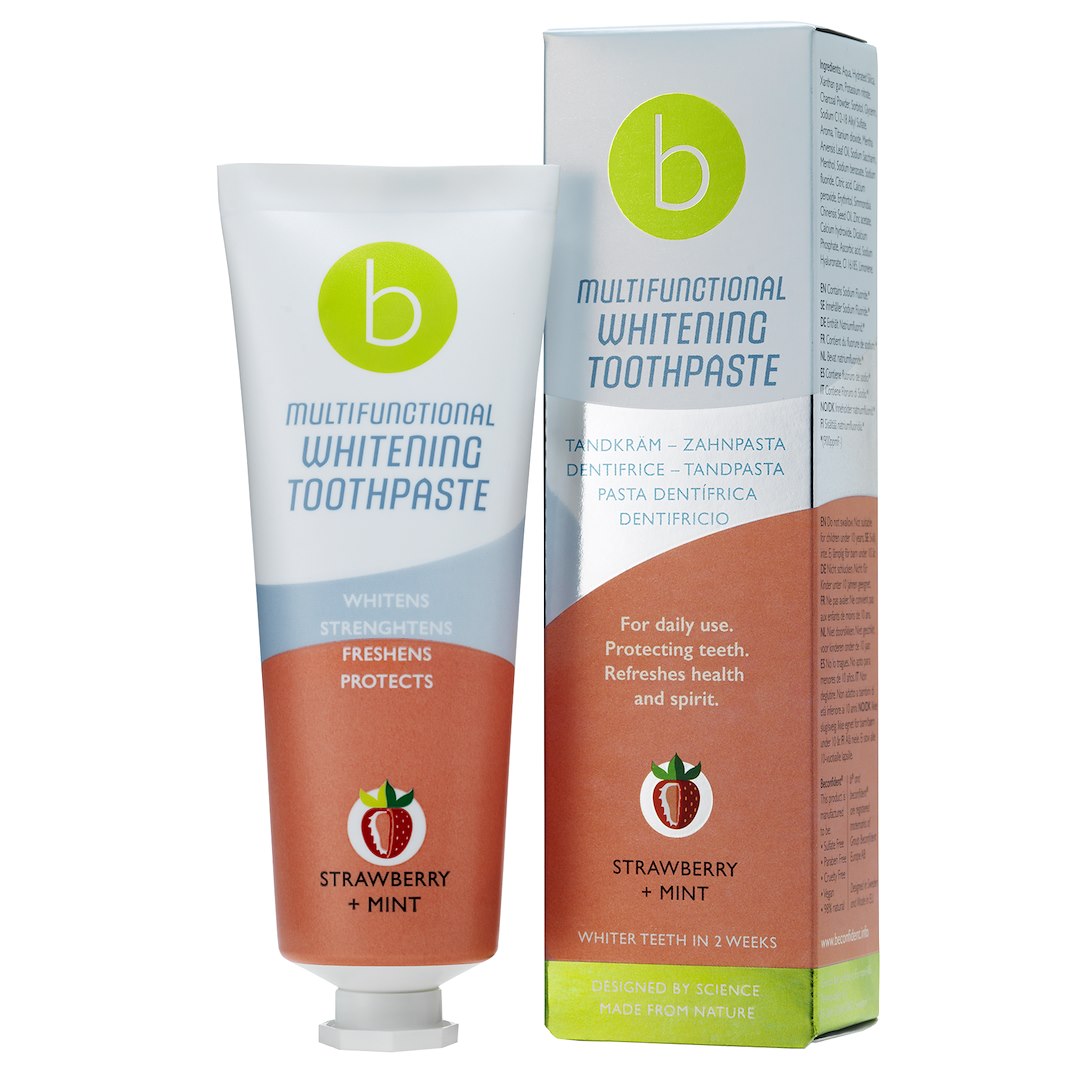 BECONFIDENT daugiafunkcinė balinamoji dantų pasta su braškių ir mėtų skoniu 75 ml