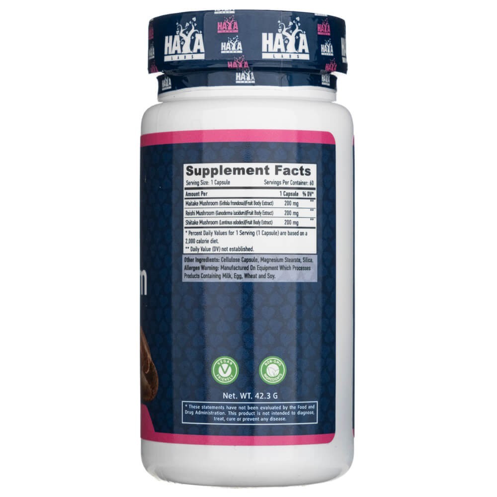 Haya Labs trigubas grybų kompleksas 600 mg - 60 kapsulių