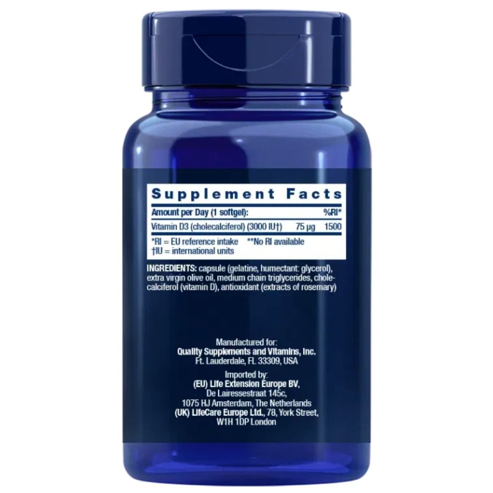 Life Extension vitaminas D3 75 mcg (3000 TV) - 120 minkštųjų gelių