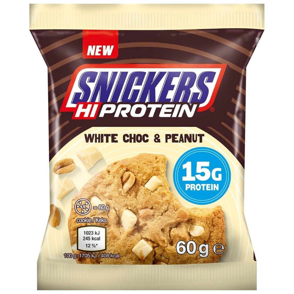 Snickers White Hi-Protein Cookie, baltyminis sausainis, baltasis šokoladas ir žemės riešutai - 60g