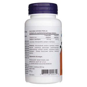 Now Foods acetil-L-karnitinas 500 mg - 50 kapsulių