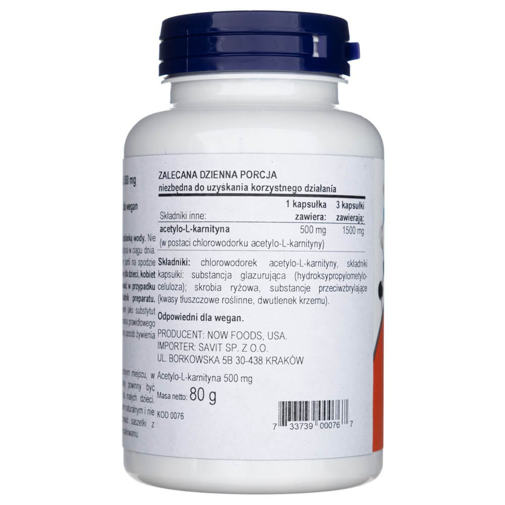 Now Foods acetil-L-karnitinas 500 mg - 100 kapsulių