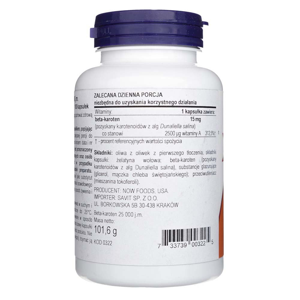 Now Foods beta karotinas natūralus 7500 mcg (25000 TV) - 180 minkštųjų gelių
