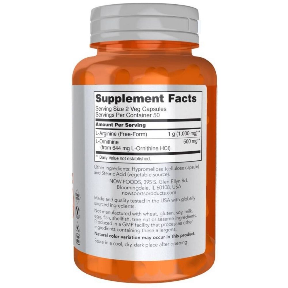 Now Foods L-argininas 500 mg ir L-ornitinas 250 mg - 100 kapsulių