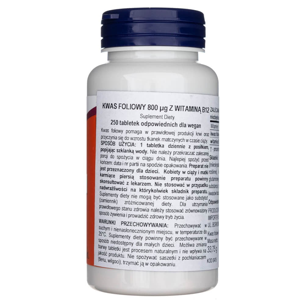 Now Foods folio rūgštis 800 mcg su vitaminu B-12 - 250 tablečių - Magnis.lt
