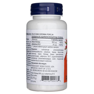 Now Foods folio rūgštis 800 mcg su vitaminu B-12 - 250 tablečių - Magnis.lt