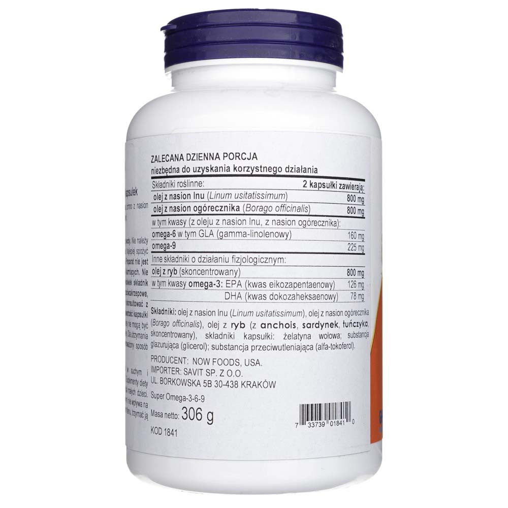 Now Foods Super Omega 3-6-9 1200 mg - 180 minkštųjų gelių