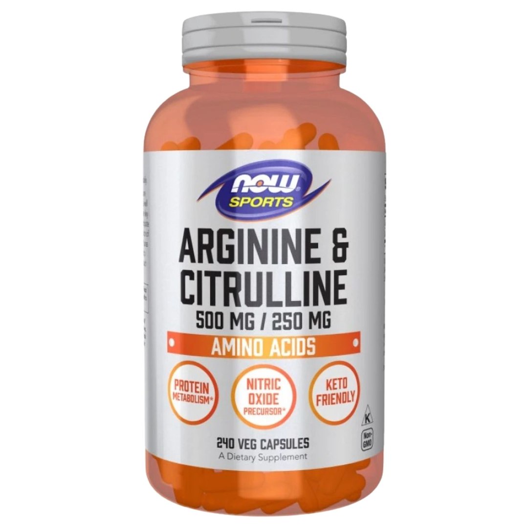 Now Foods L-argininas 500 mg ir L-citrulinas 250 mg - 240 kapsulių