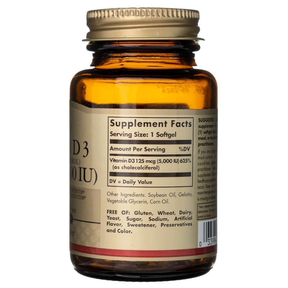 Solgar vitaminas D3 125 mcg (5000 TV) - 100 minkštųjų gelių