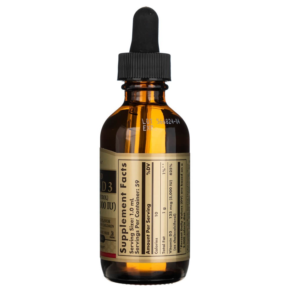 Solgar skystas vitaminas D3 125 mcg (5000 TV), natūralaus apelsinų skonio - 59 ml