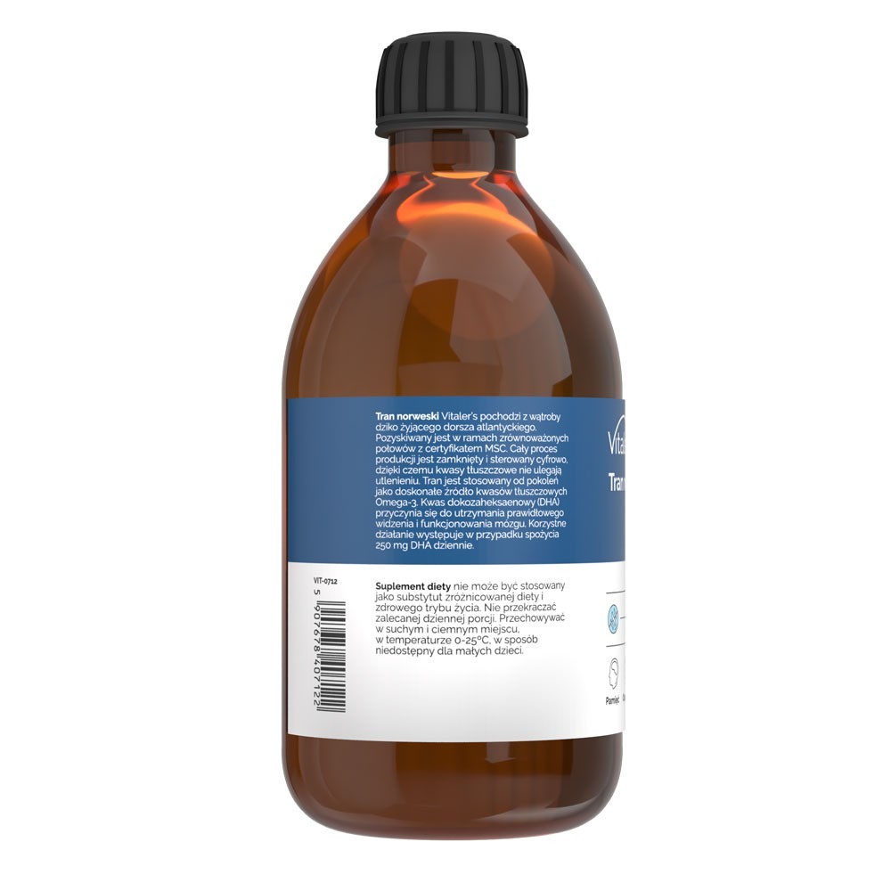 Vitaler's Omega-3 Norvegijos menkių kepenų aliejus, be kvapiųjų medžiagų, 1200 mg - 250 ml