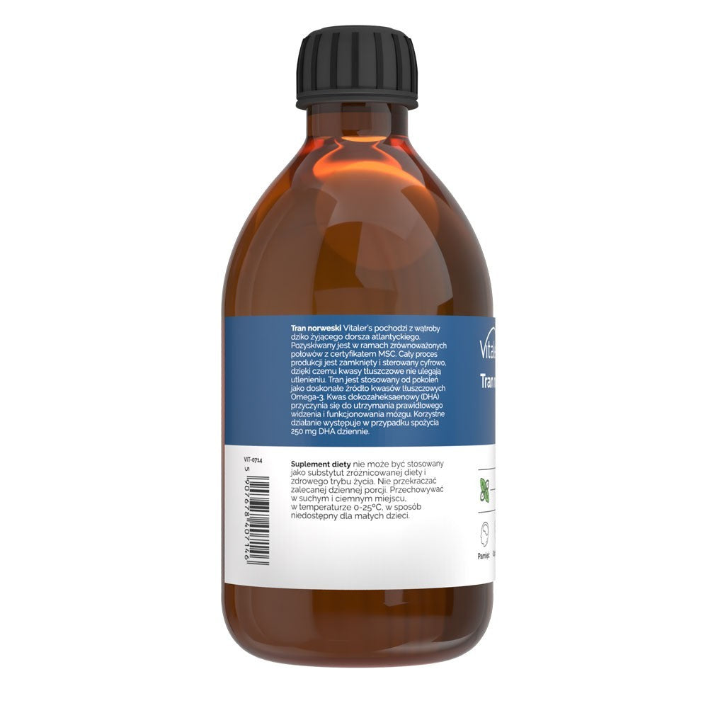 Vitaler's Omega-3 Norvegijos menkių kepenų aliejus, mėtų skonio, 1200 mg - 250 ml