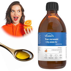 Vitaler's Norwegian Cod Liver Oil Omega-3 1200 mg D3 2000 TV, apelsinų skonio, 1200 mg - 250 ml