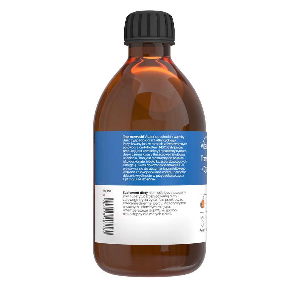 Vitaler's Norwegian Cod Liver Oil Omega-3 1200 mg D3 2000 TV, apelsinų skonio, 1200 mg - 250 ml