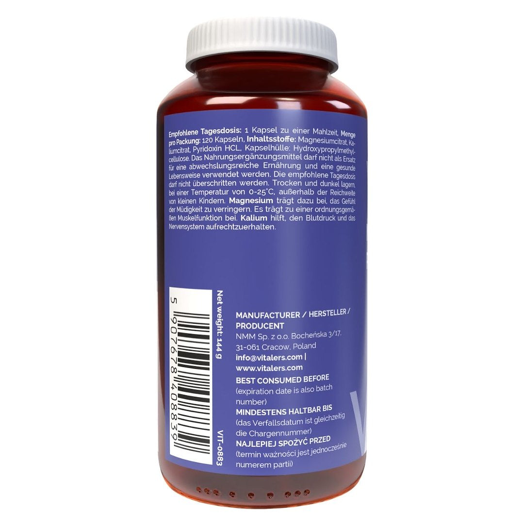 Vitaler magnis 100 mg + kalis 150 mg + B6 6 mg - 120 kapsulių