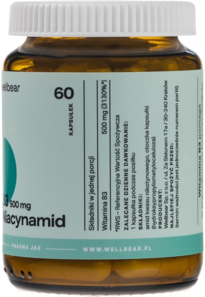 Wellbear vitaminas B3 500 mg (niacinamidas) - 60 kapsulių